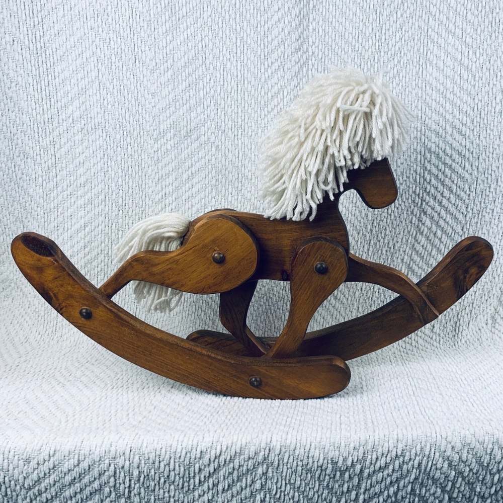Vtg Rocking Horse Brown Wooden Yarn Mane Rustic Decor Moveable Articulated USA - Picture 8 of 8